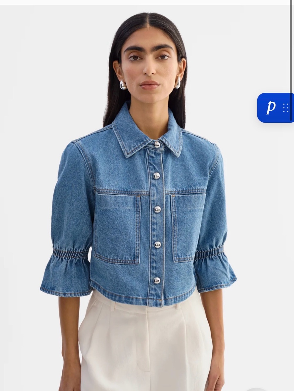 Lamarque Light Blue Cropped Denim Jacket with Ruffled Sleeves